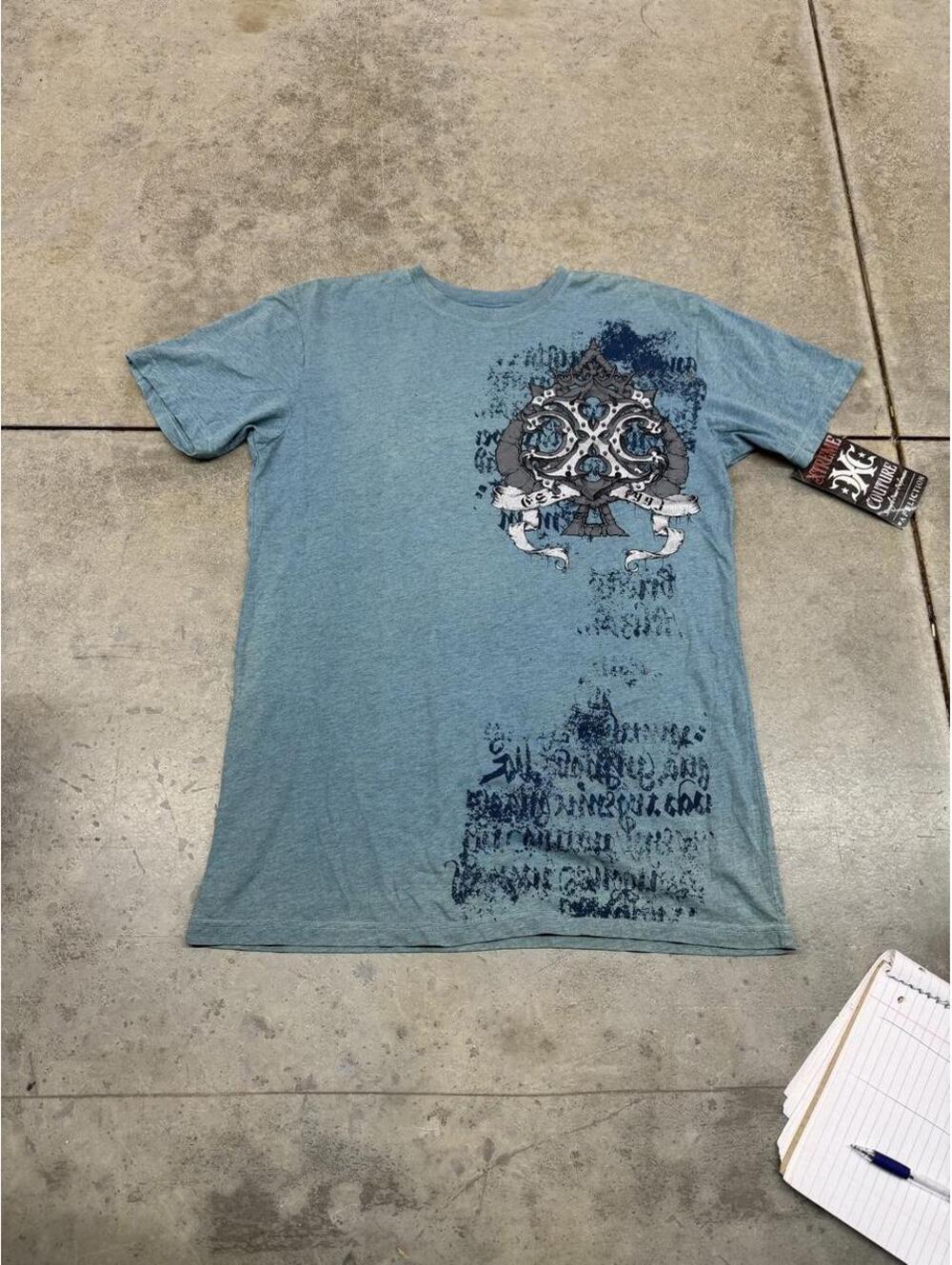 vintage xtreme couture baby blue cross big logo angel wings shirt size large